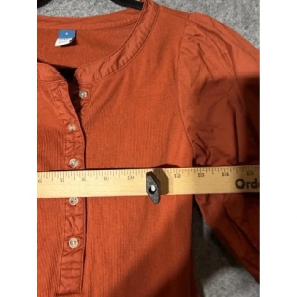 Old Navy Womens Small Rust Orange Ribbed Henley Puff Sleeve Top Boho Cottagecore